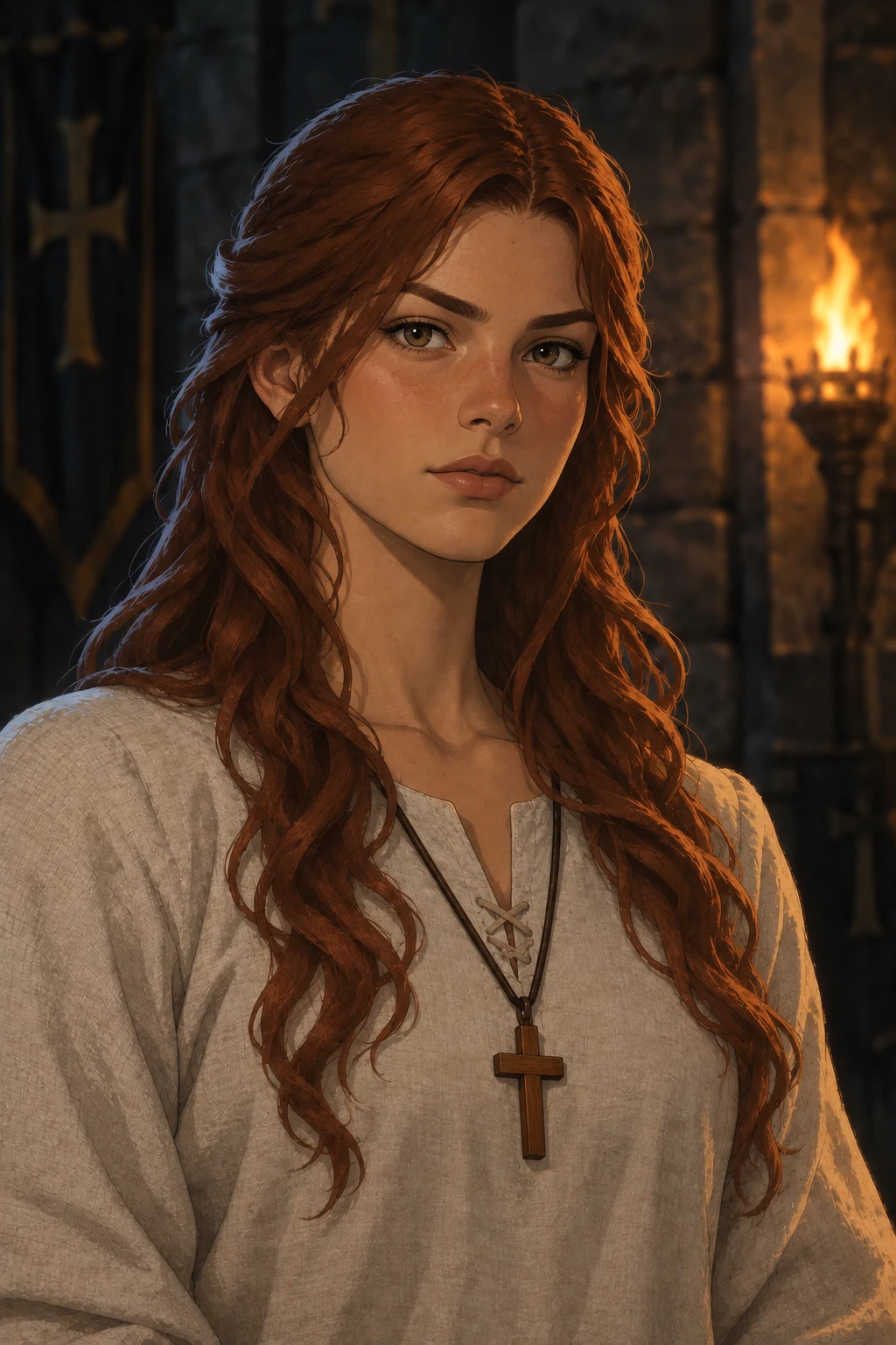 Retrato de uma paladina no posto Recruta: túnica simples e crucifixo de madeira