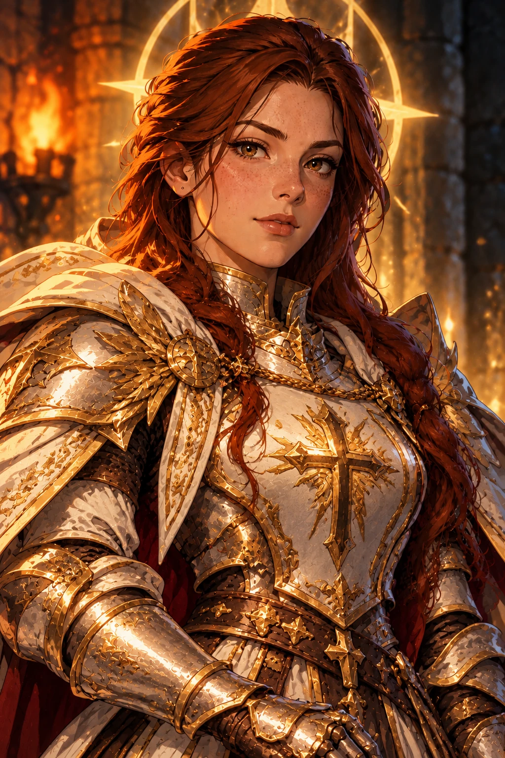 A mesma paladina no posto Lenda: armadura em ouro e branco, capa e luz sagrada