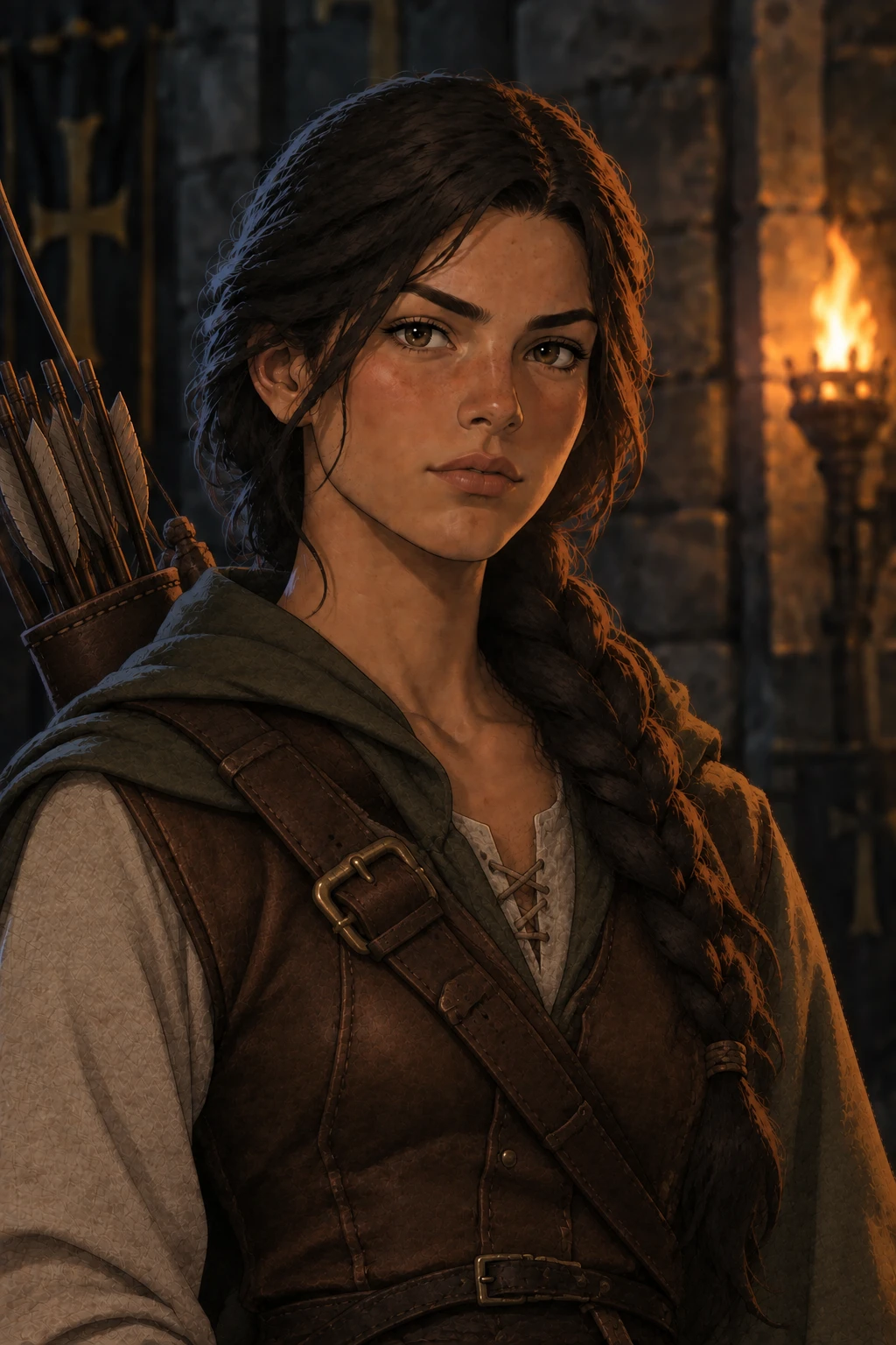 Retrato de uma ranger de trança, com capuz verde, colete de couro e aljava de flechas, à luz de tocha